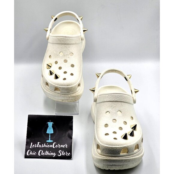 Crocs Women's White Off Bae Glitter Stud Platform Clogs Gold Spikes Sz 9  2360 - Picture 3 of 16